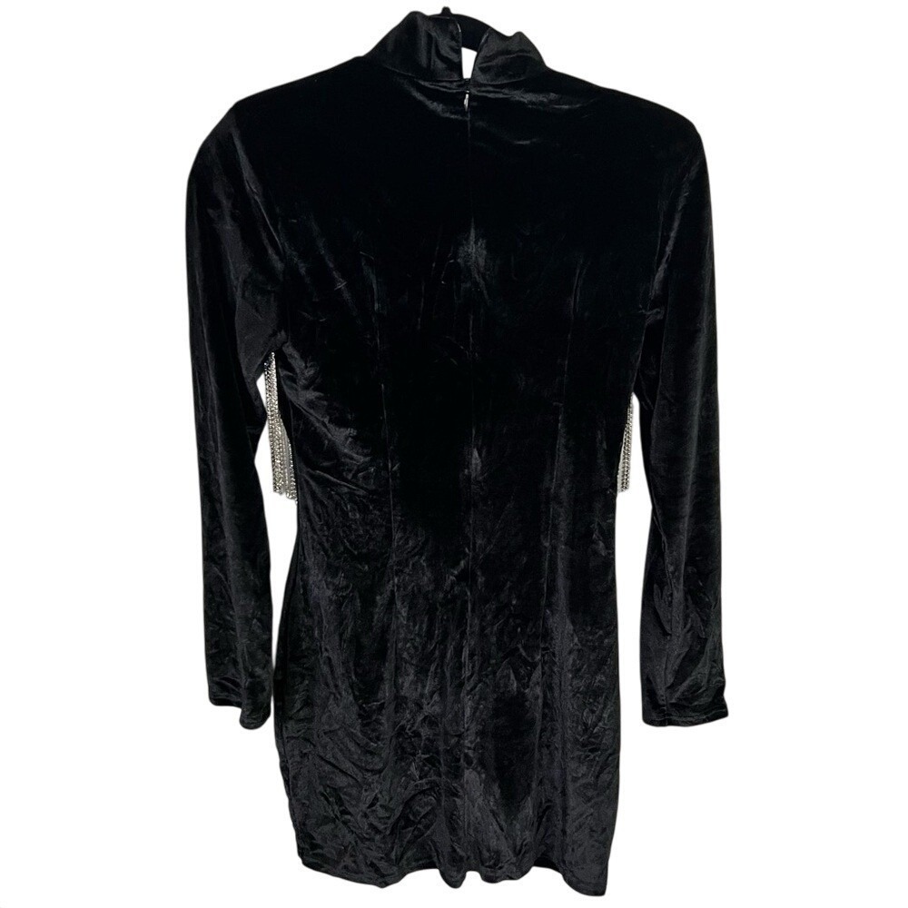 Thiliko Black Velvet Rhinestone Fringe Mock Neck‎ Mini Dress Small Long Sleeve - Picture 3 of 10